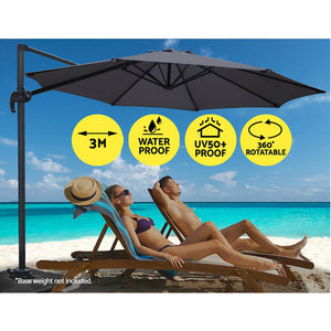 Instahut | 3m Outdoor Umbrella | Cantilever | 360 Degree Tilt | Beach Roma | Charcoal