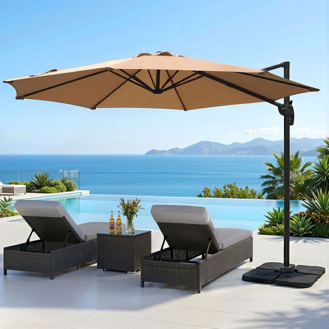 3m Outdoor Umbrella | w/Base | Cantilever Beach Roma | 360 Degree Tilt | Beige
