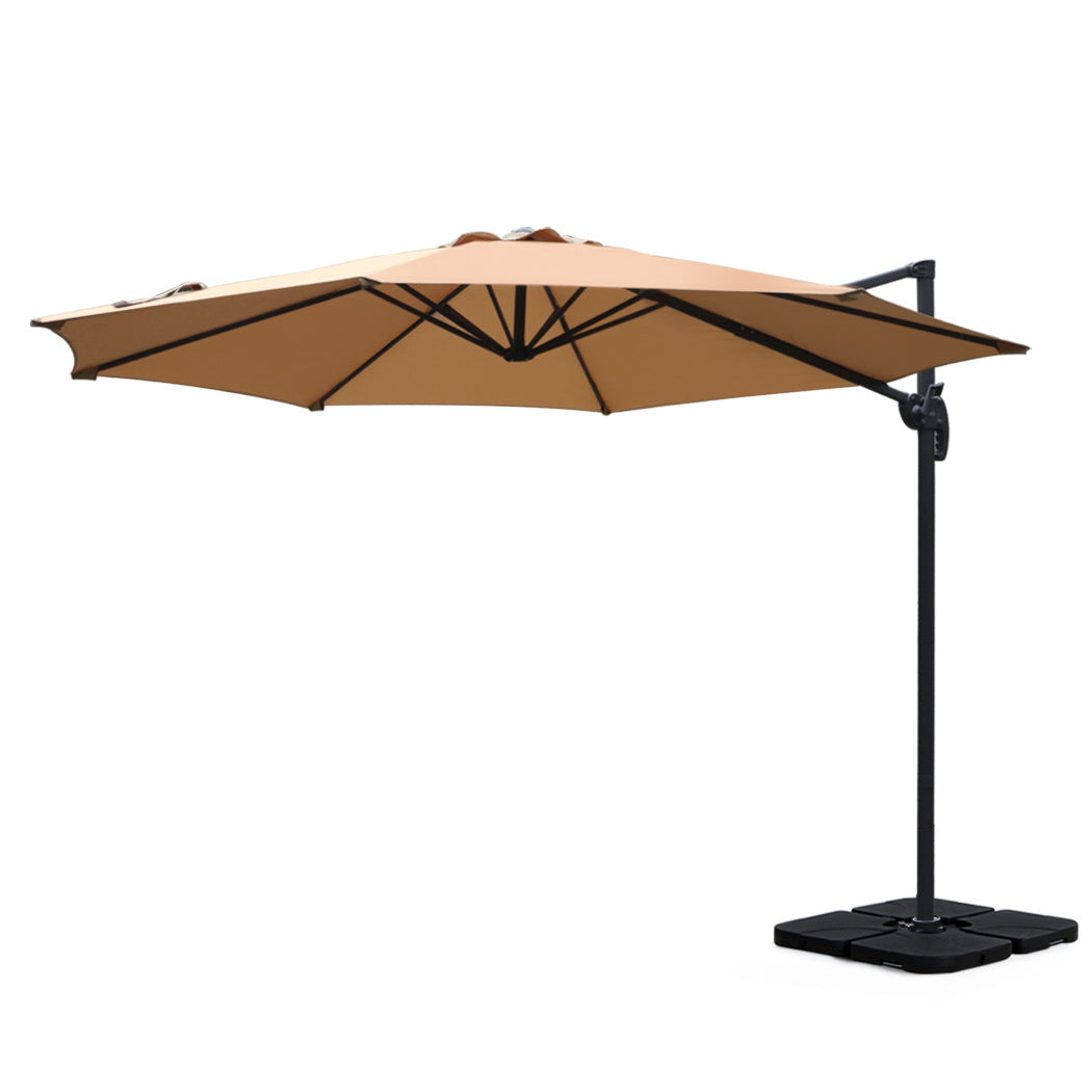 3m Outdoor Umbrella | w/Base | Cantilever Beach Roma | 360 Degree Tilt | Beige