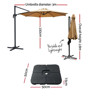 3m Outdoor Umbrella | w/Base | Cantilever Beach Roma | 360 Degree Tilt | Beige