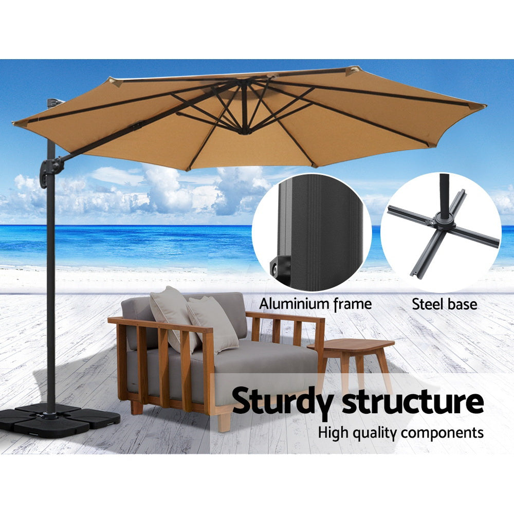 3m Outdoor Umbrella | w/Base | Cantilever Beach Roma | 360 Degree Tilt | Beige