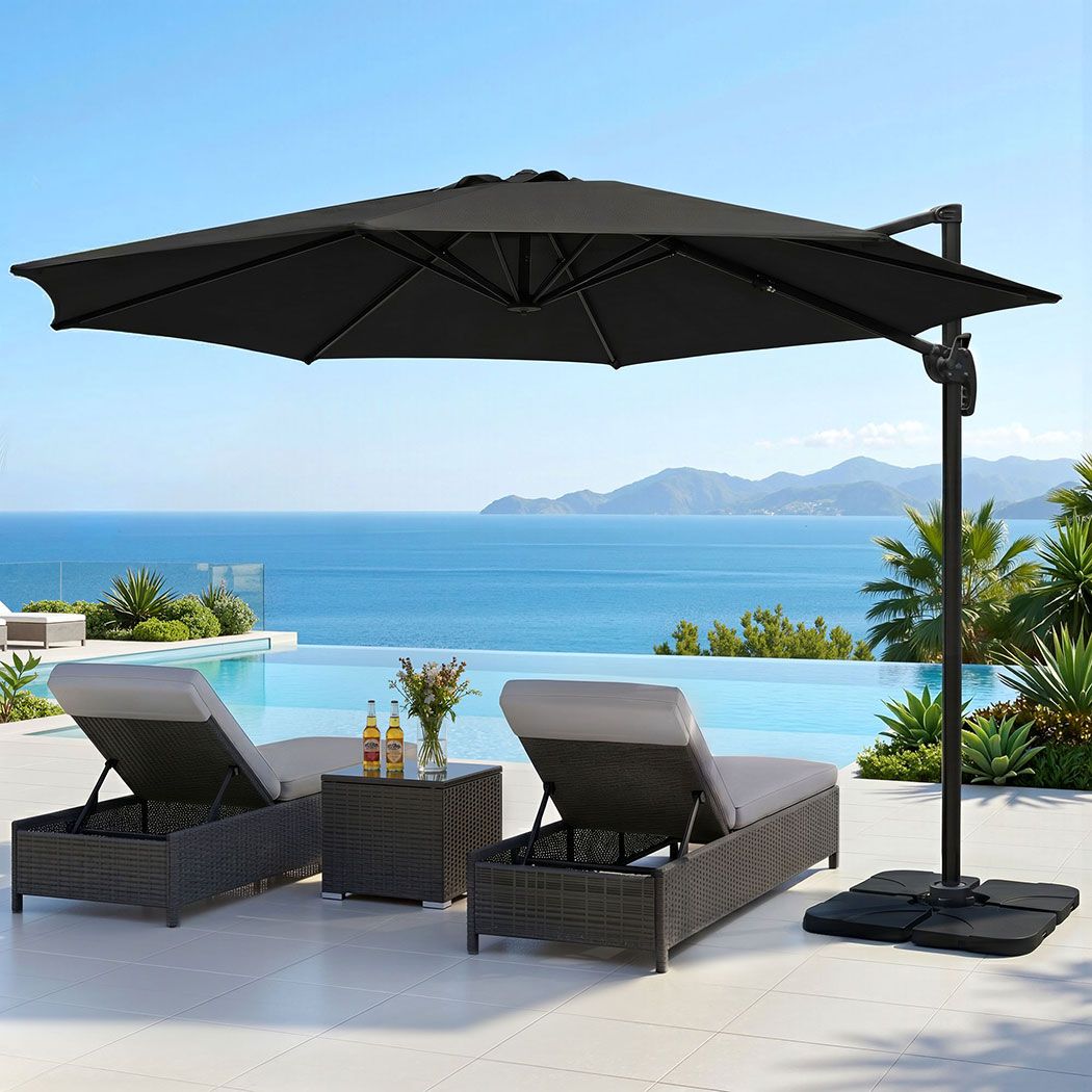 3m Outdoor Umbrella | w/Base | Cantilever Beach Roma | 360 Degree Tilt | Black