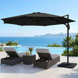 3m Outdoor Umbrella | w/Base | Cantilever Beach Roma | 360 Degree Tilt | Black