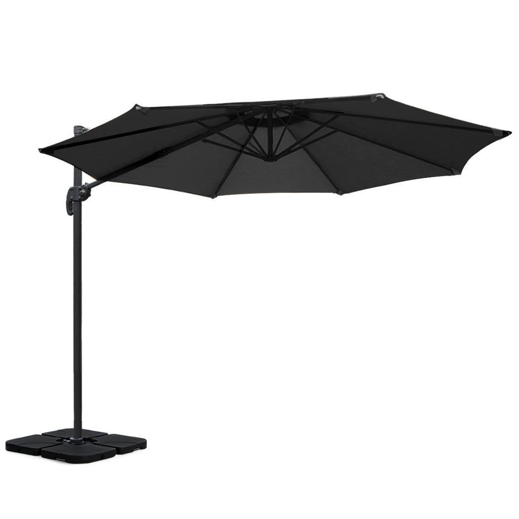 3m Outdoor Umbrella | w/Base | Cantilever Beach Roma | 360 Degree Tilt | Black