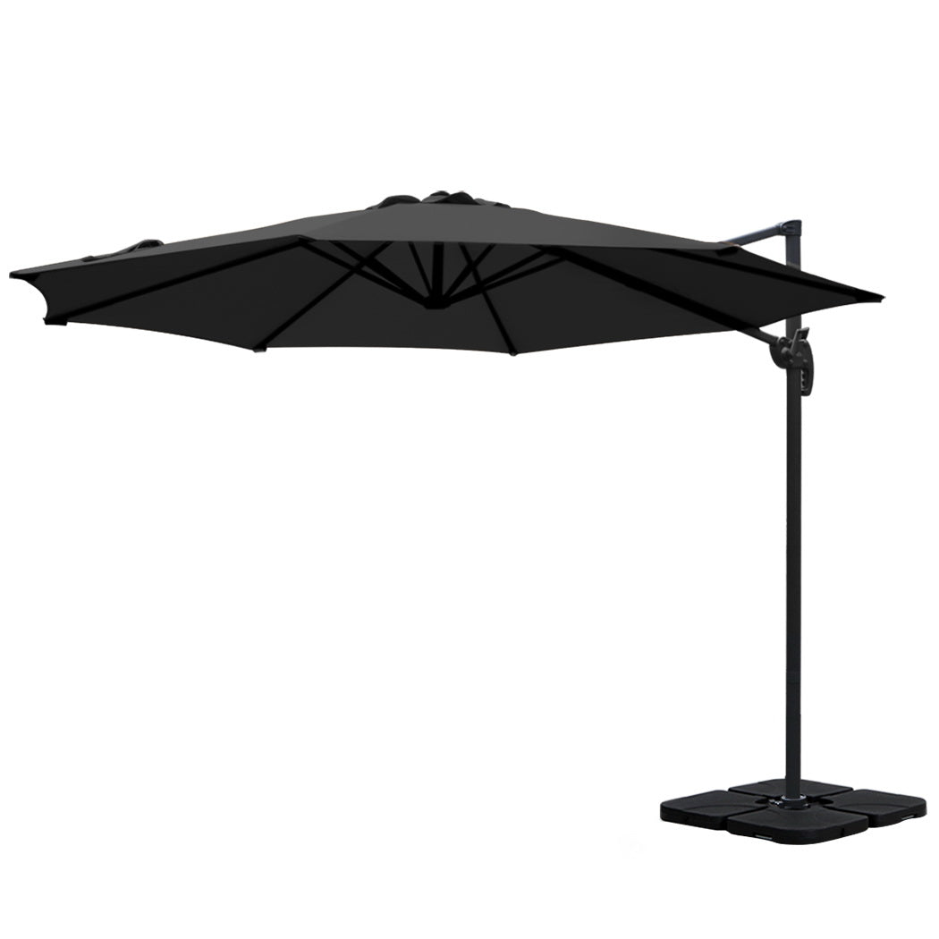 3m Outdoor Umbrella | w/Base | Cantilever Beach Roma | 360 Degree Tilt | Black