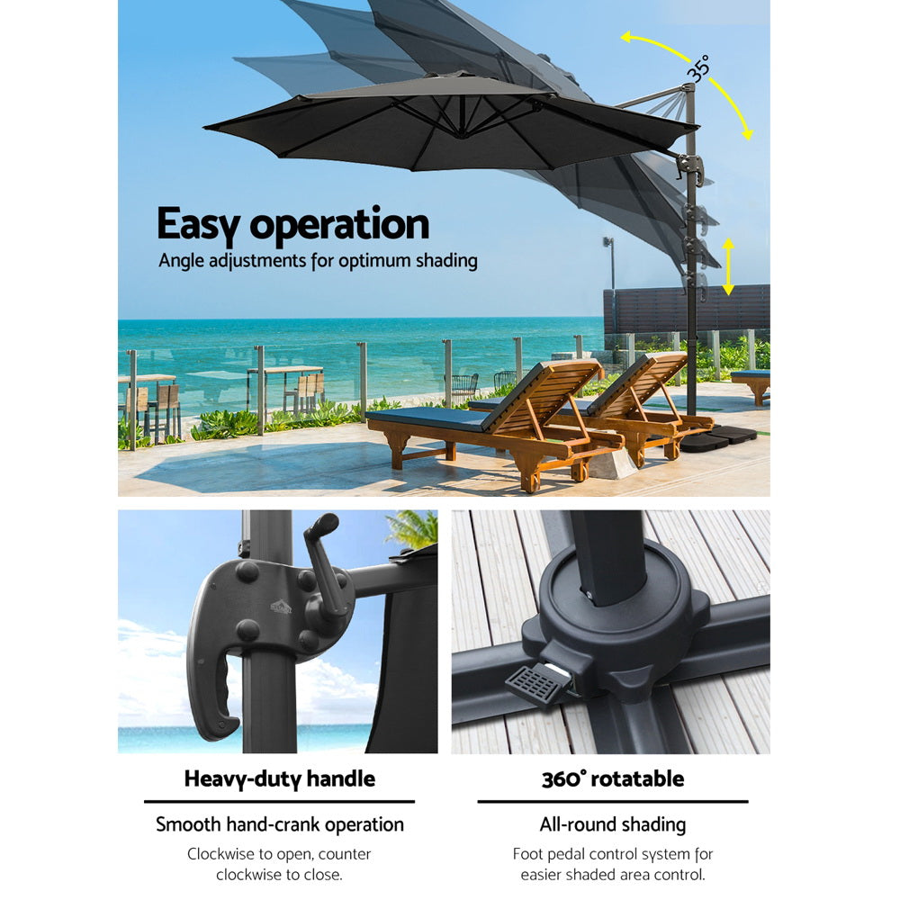 3m Outdoor Umbrella | w/Base | Cantilever Beach Roma | 360 Degree Tilt | Black