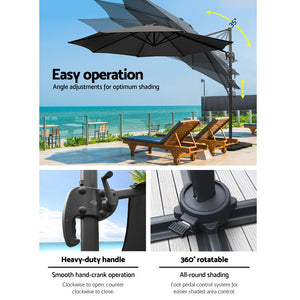 3m Outdoor Umbrella | w/Base | Cantilever Beach Roma | 360 Degree Tilt | Black