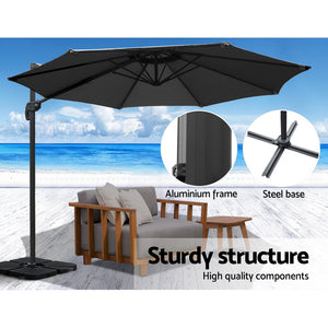 3m Outdoor Umbrella | w/Base | Cantilever Beach Roma | 360 Degree Tilt | Black