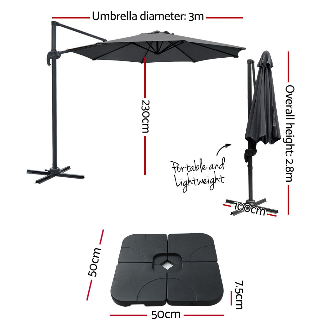 3m Outdoor Umbrella | w/Base | Cantilever Beach Roma | 360 Degree Tilt | Charcoal