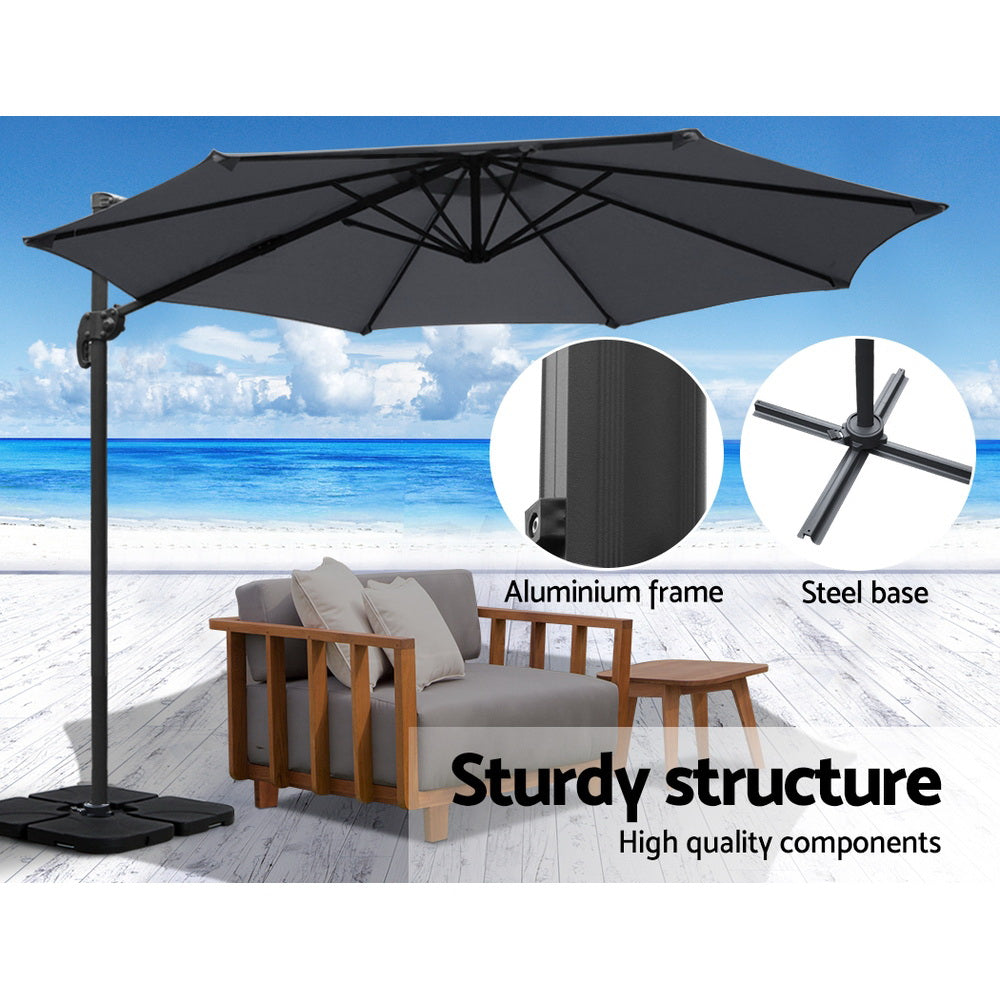 3m Outdoor Umbrella | w/Base | Cantilever Beach Roma | 360 Degree Tilt | Charcoal