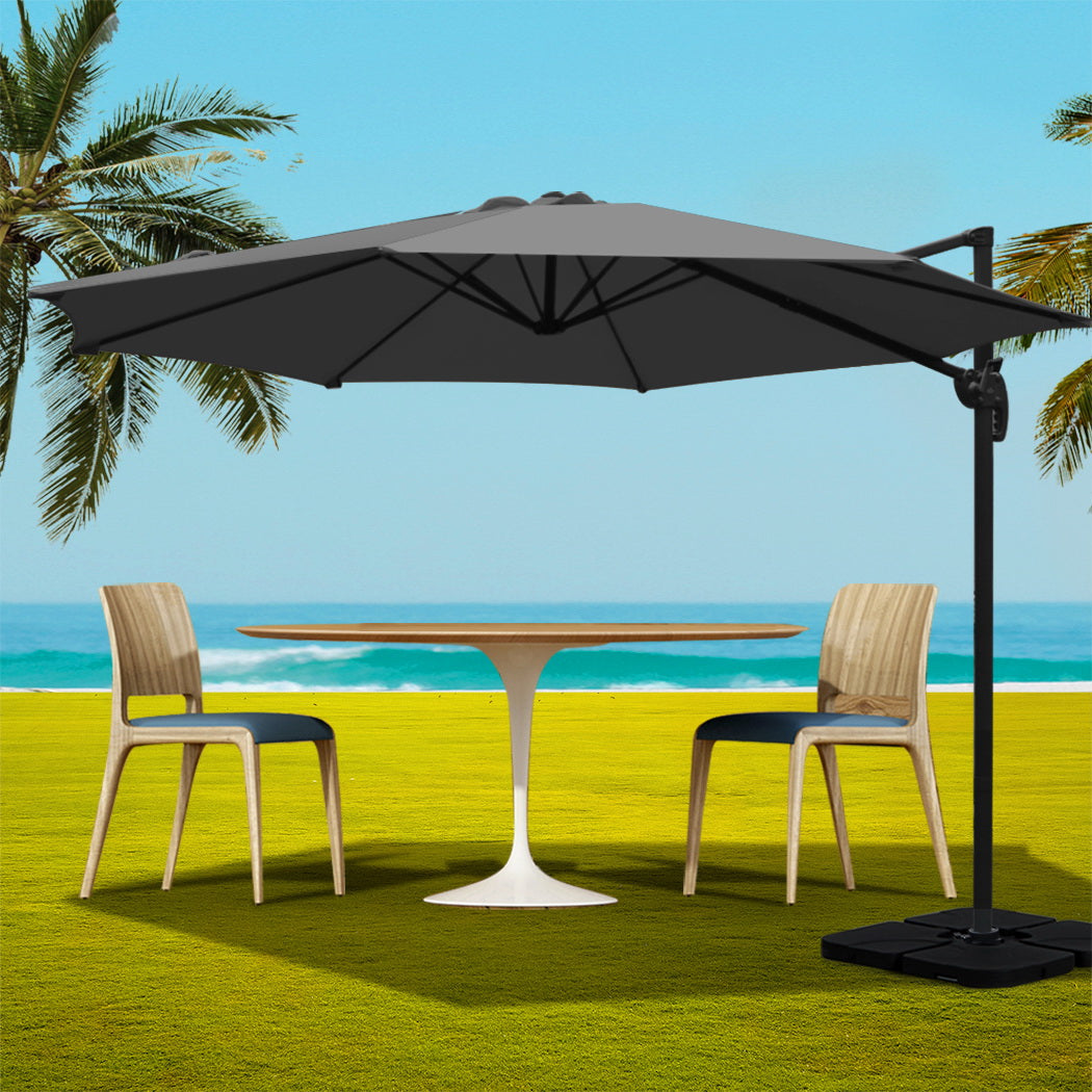 3m Outdoor Umbrella | w/Base | Cantilever Beach Roma | 360 Degree Tilt | Charcoal