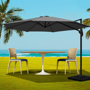 3m Outdoor Umbrella | w/Base | Cantilever Beach Roma | 360 Degree Tilt | Charcoal