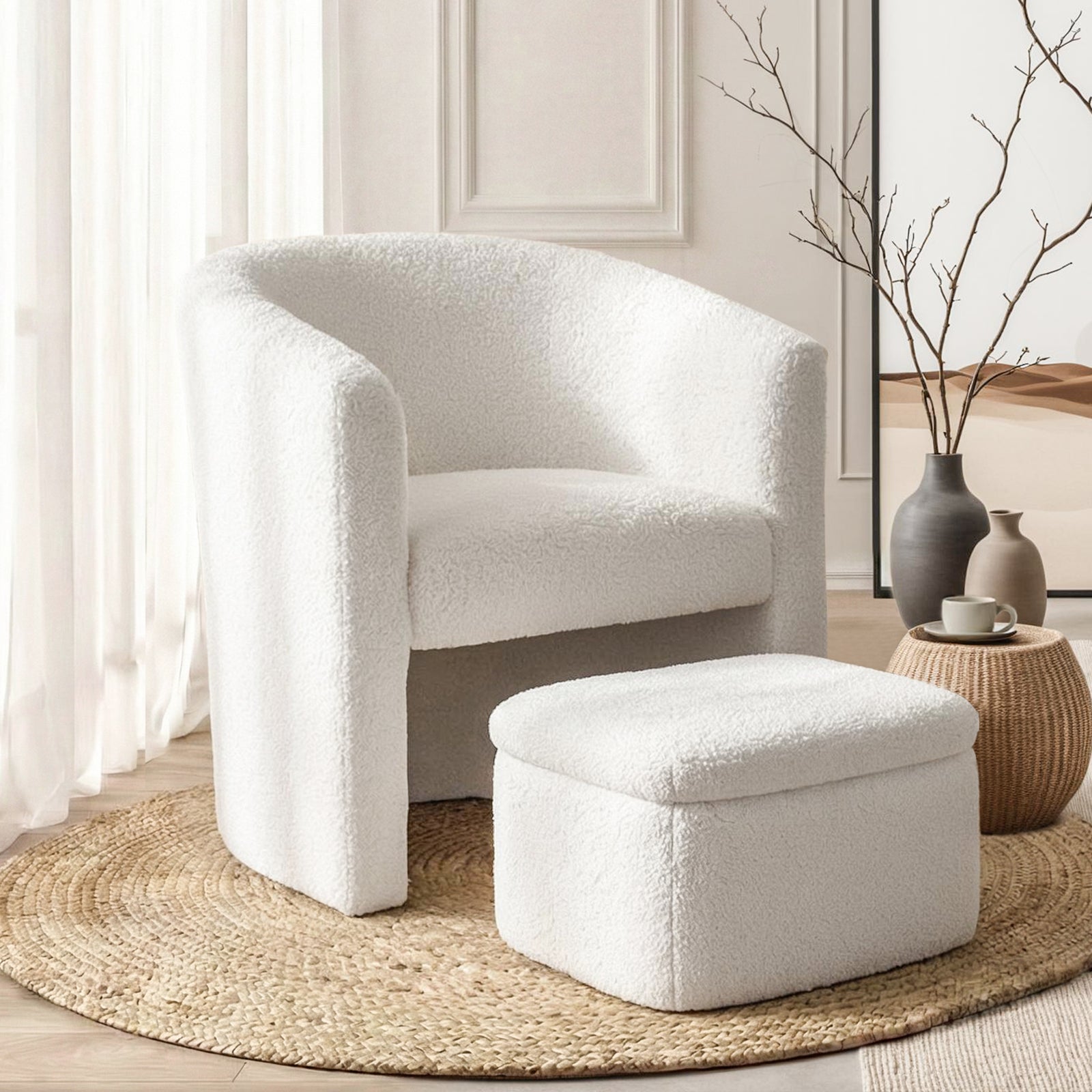 Accent Armchair with Ottoman | Storage Footrest | Boucle | White