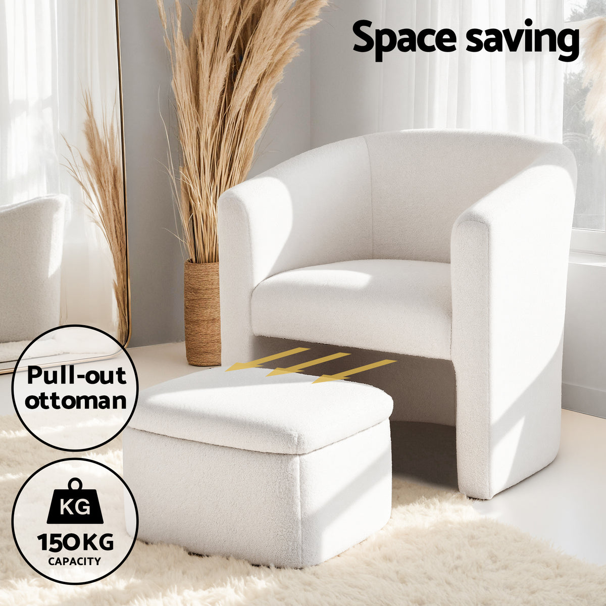 Accent Armchair with Ottoman | Storage Footrest | Boucle | White