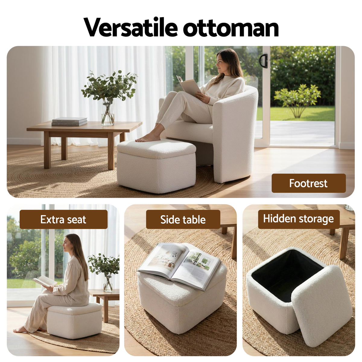 Accent Armchair with Ottoman | Storage Footrest | Boucle | White