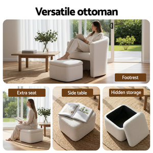 Accent Armchair with Ottoman | Storage Footrest | Boucle | White