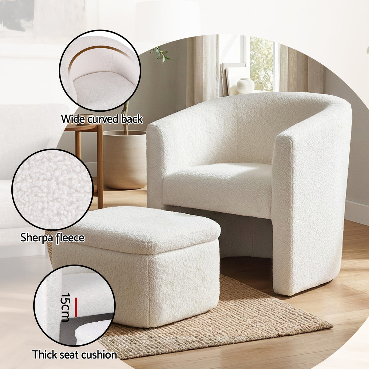 Accent Armchair with Ottoman | Storage Footrest | Boucle | White