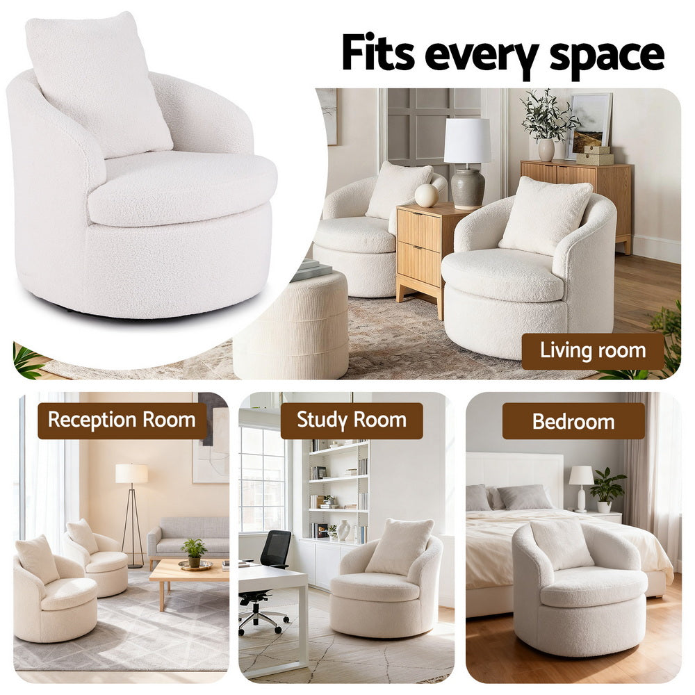 Round Swivel Armchair | Includes Extra Pillow | White