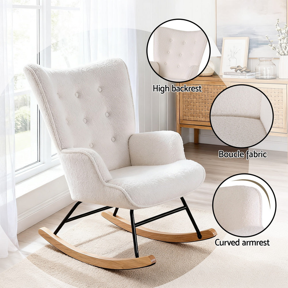 Rocking Armchair | Nursing Chair | Boucle Upholstery | White