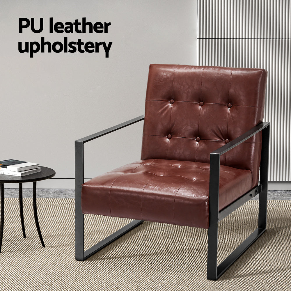 Armchair | Lounge Chair | Accent Chairs | PU Leather Sofa | Brown | Metal Frame