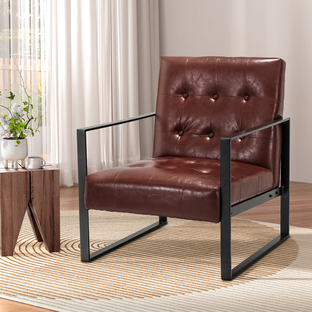Armchair | Lounge Chair | Accent Chairs | PU Leather Sofa | Brown | Metal Frame