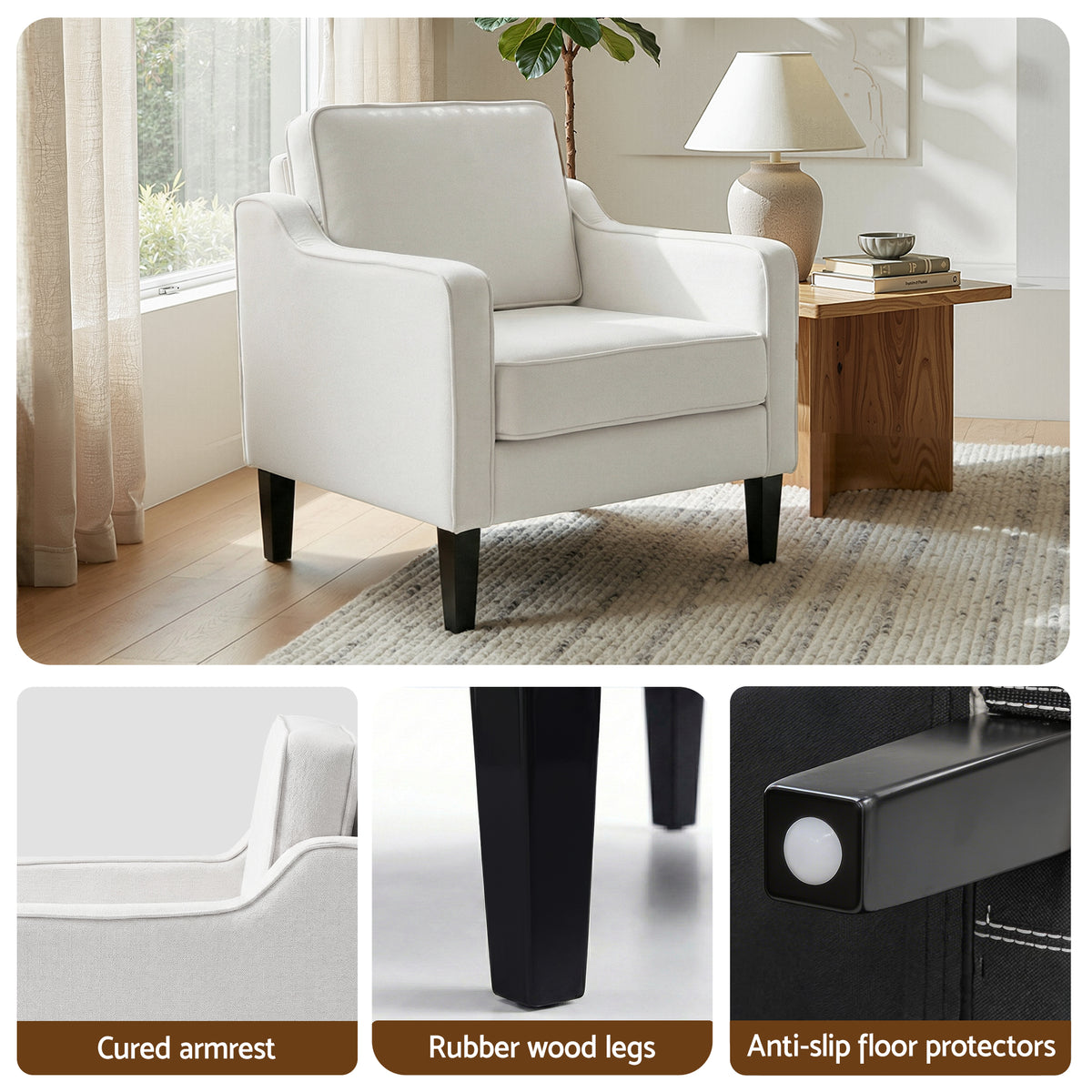 Accent Armchair | Linen Fabric Lounge Chair | Beige