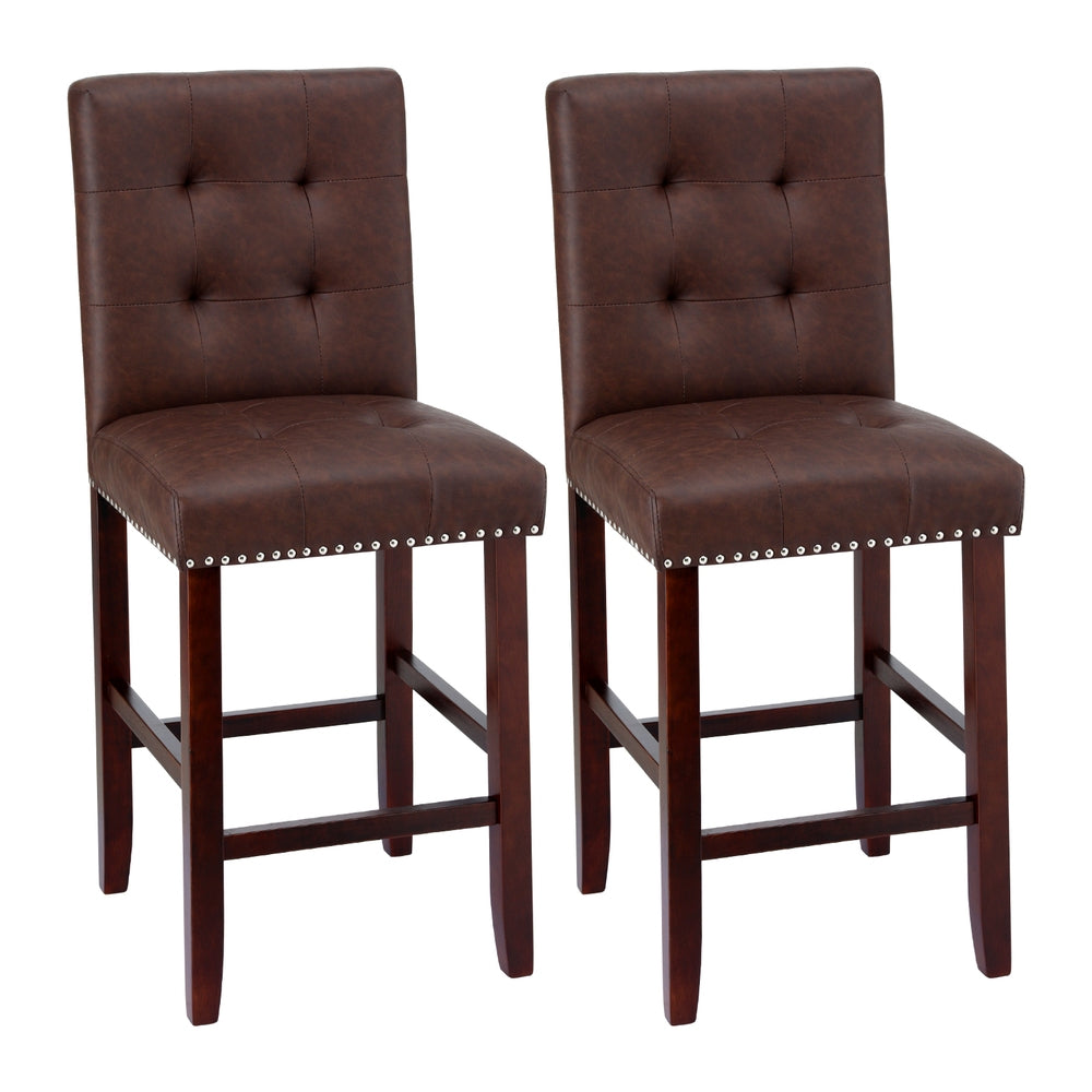 Bar Stools Set 2pc | PU Leather Seat Wooden Legs | Ada | Brown