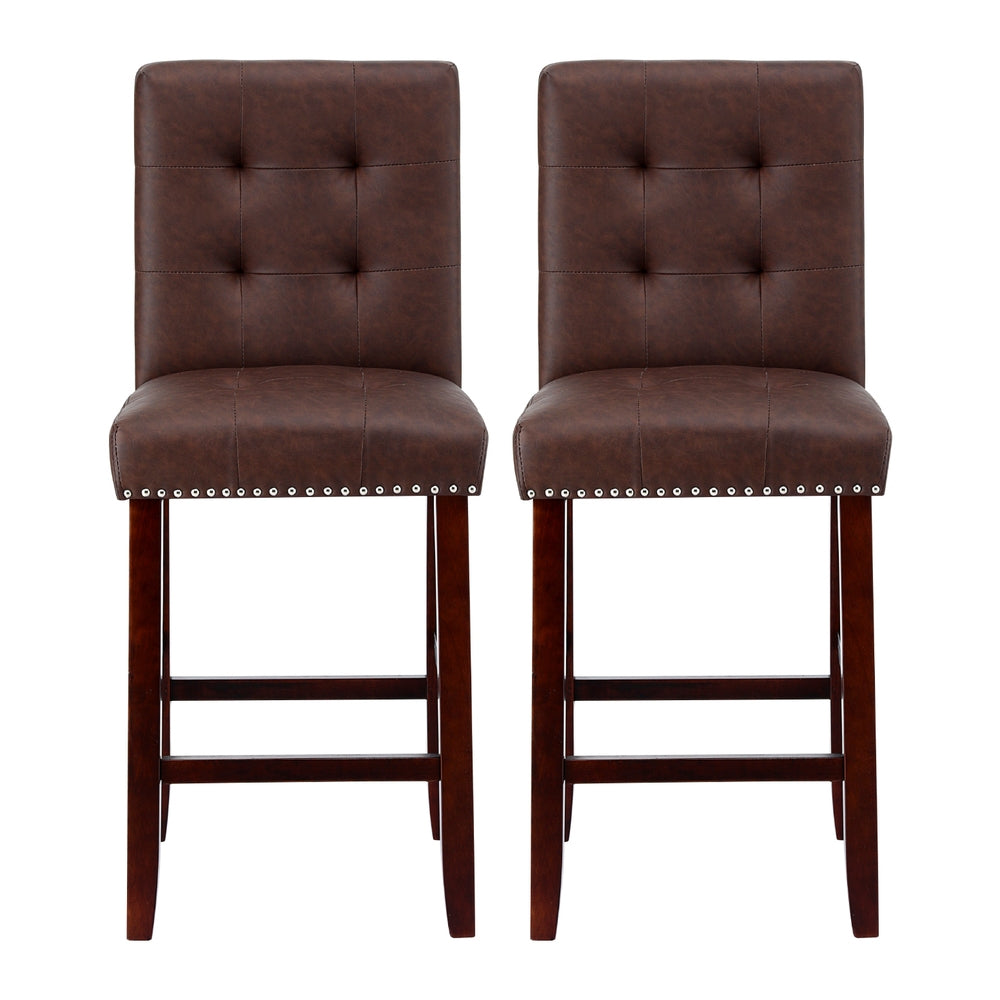 Bar Stools Set 2pc | PU Leather Seat Wooden Legs | Ada | Brown