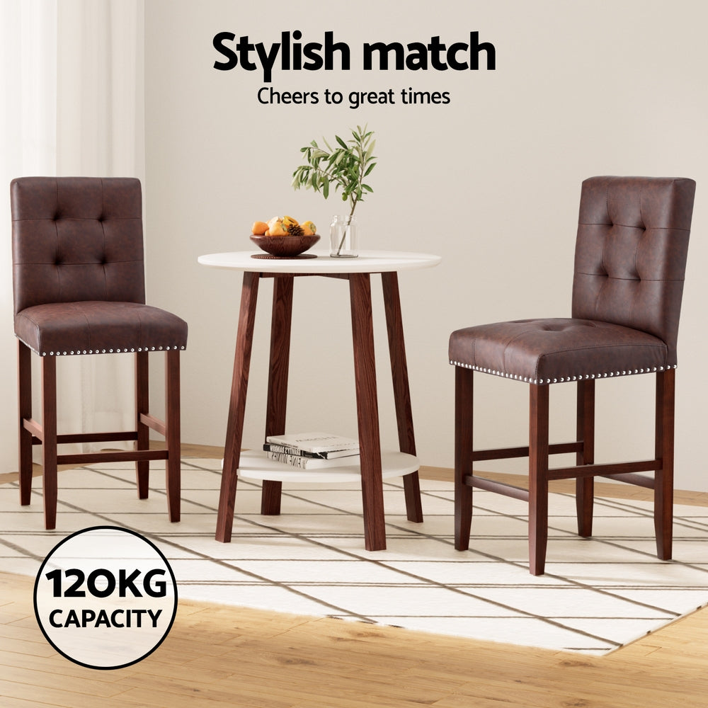 Bar Stools Set 2pc | PU Leather Seat Wooden Legs | Ada | Brown