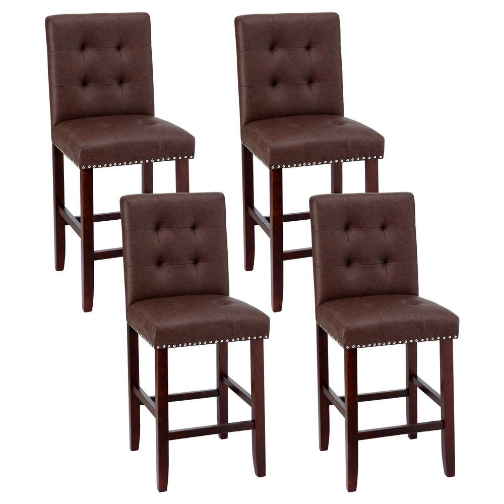 Bar Stools Set 4pc | Ada Design | PU Leather Seat | Wooden Legs | Brown