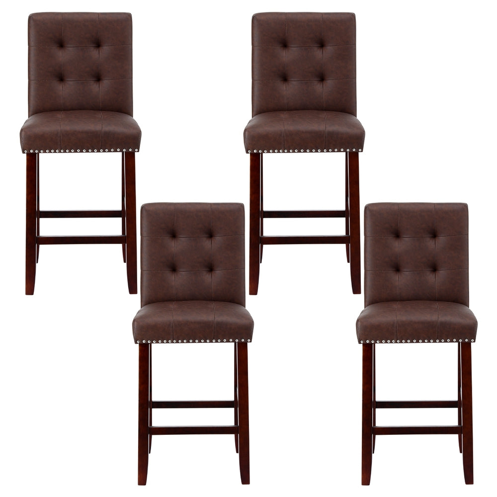 Bar Stools Set 4pc | Ada Design | PU Leather Seat | Wooden Legs | Brown