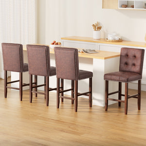 Bar Stools Set 4pc | Ada Design | PU Leather Seat | Wooden Legs | Brown