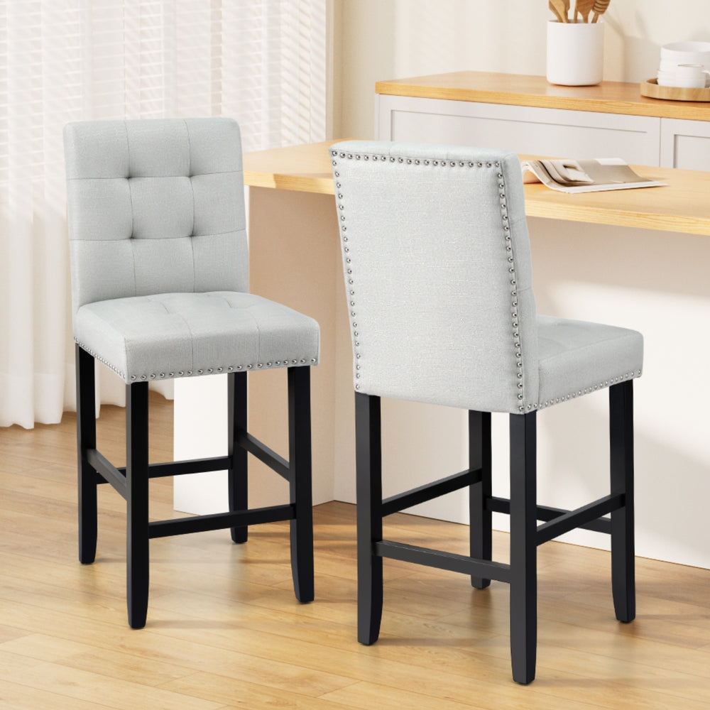 Bar Stools Set 2pc | Fabric Seat Wooden Legs | Ada | Grey