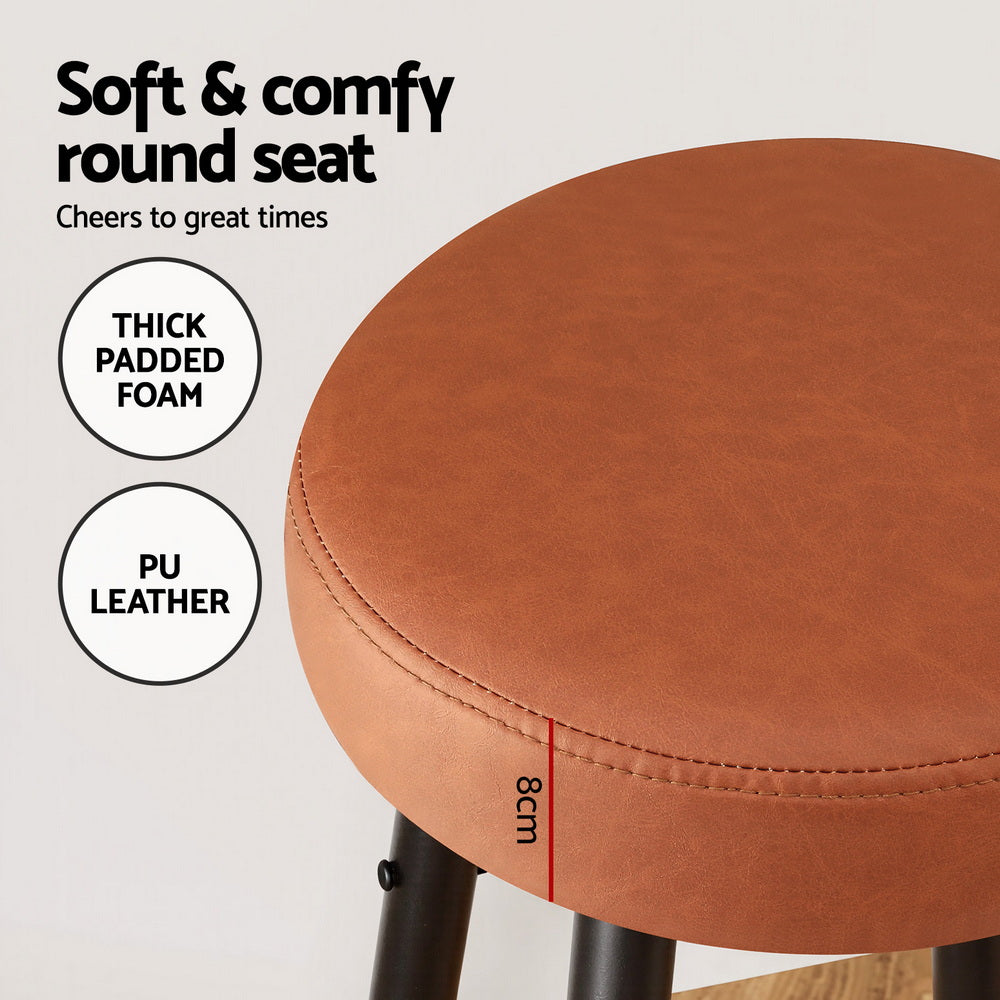 Bar Stools Set 2pc | Round PU Leather Counter Stools | Lane | Brown