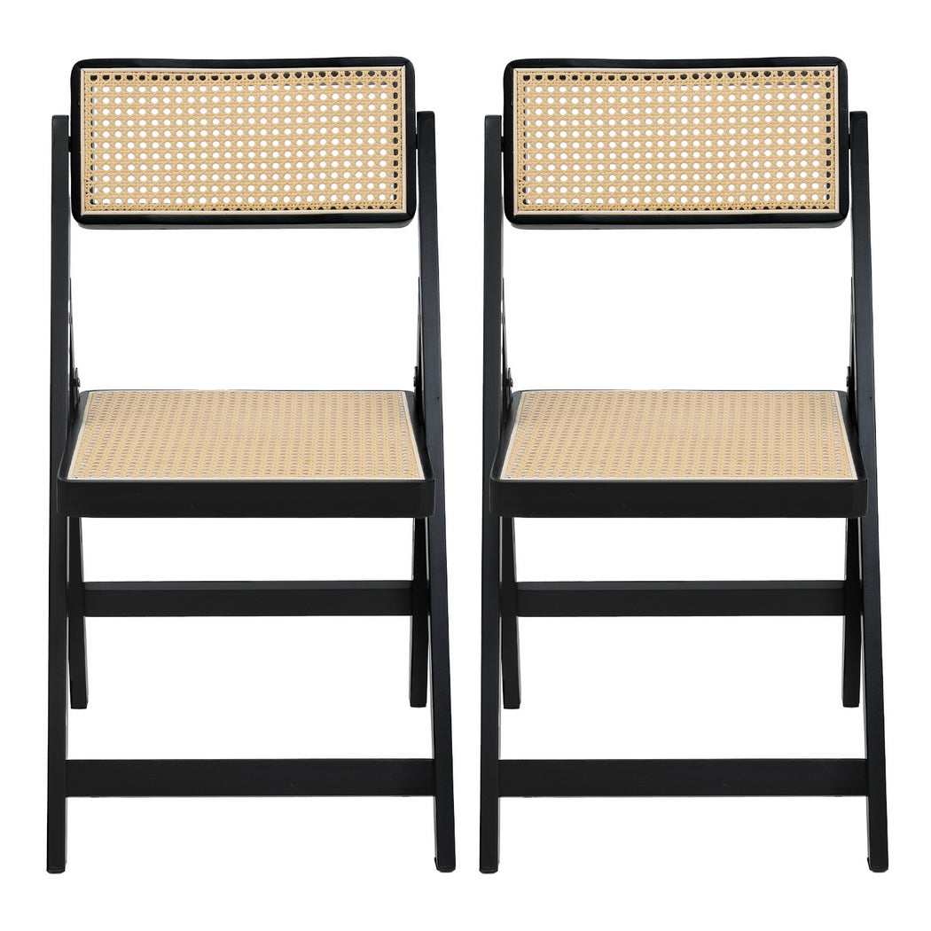 Dining Chairs Set of 2 | Wooden Rattan | Foldable Design | Black