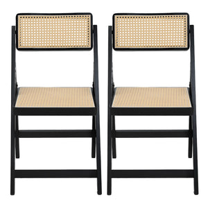 Dining Chairs Set of 2 | Wooden Rattan | Foldable Design | Black