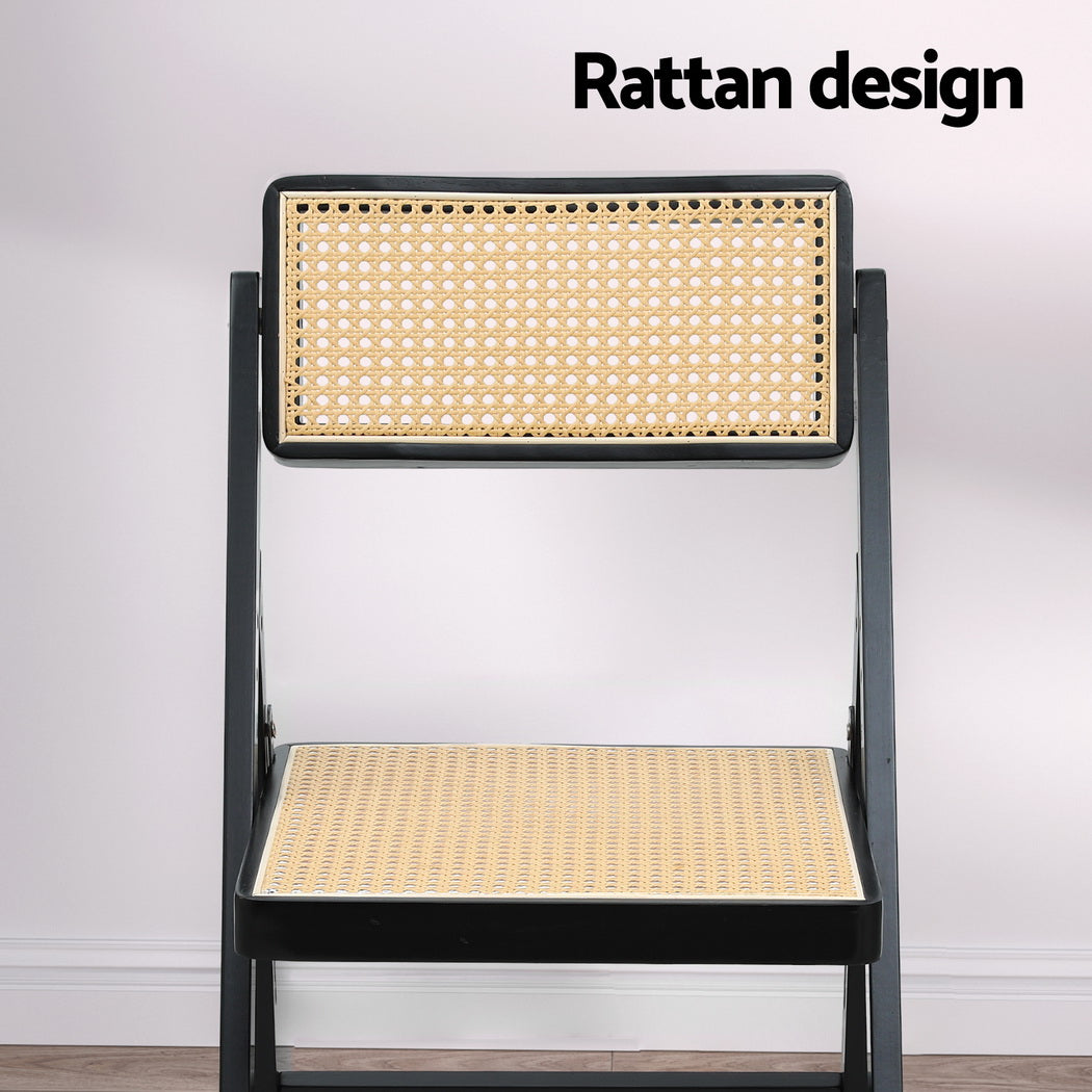 Dining Chairs Set of 2 | Wooden Rattan | Foldable Design | Black