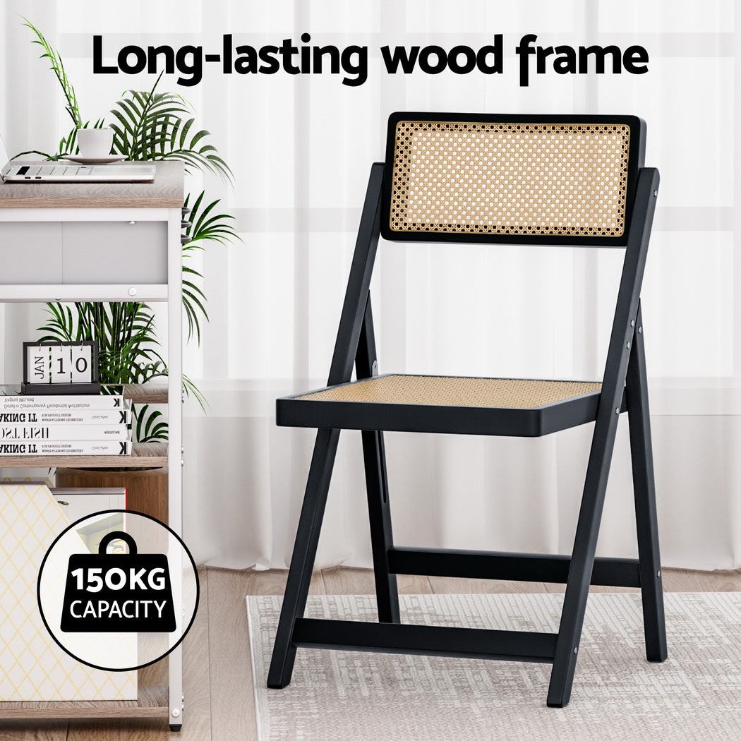 Dining Chairs Set of 2 | Wooden Rattan | Foldable Design | Black