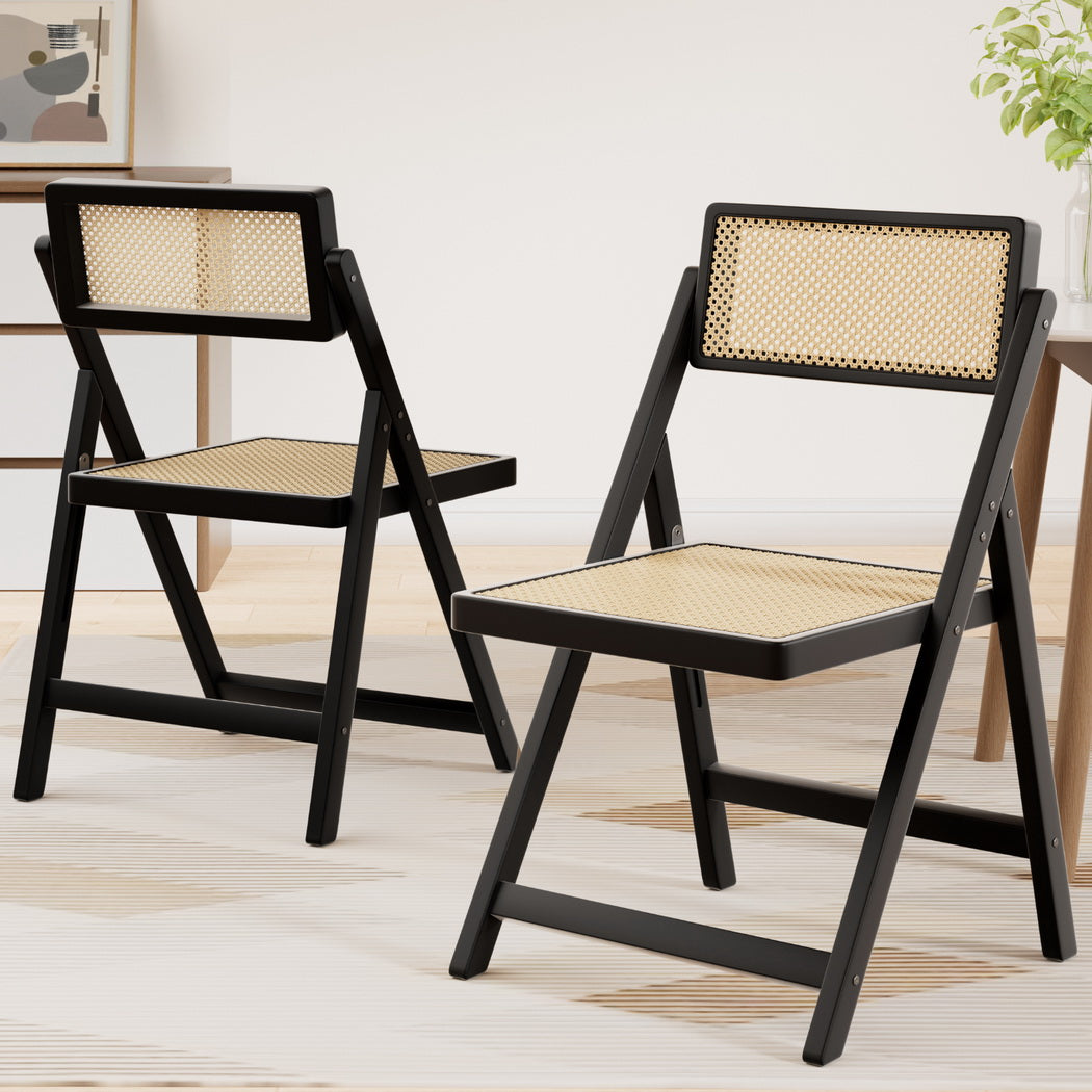 Dining Chairs Set of 2 | Wooden Rattan | Foldable Design | Black