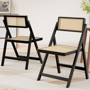 Dining Chairs Set of 2 | Wooden Rattan | Foldable Design | Black