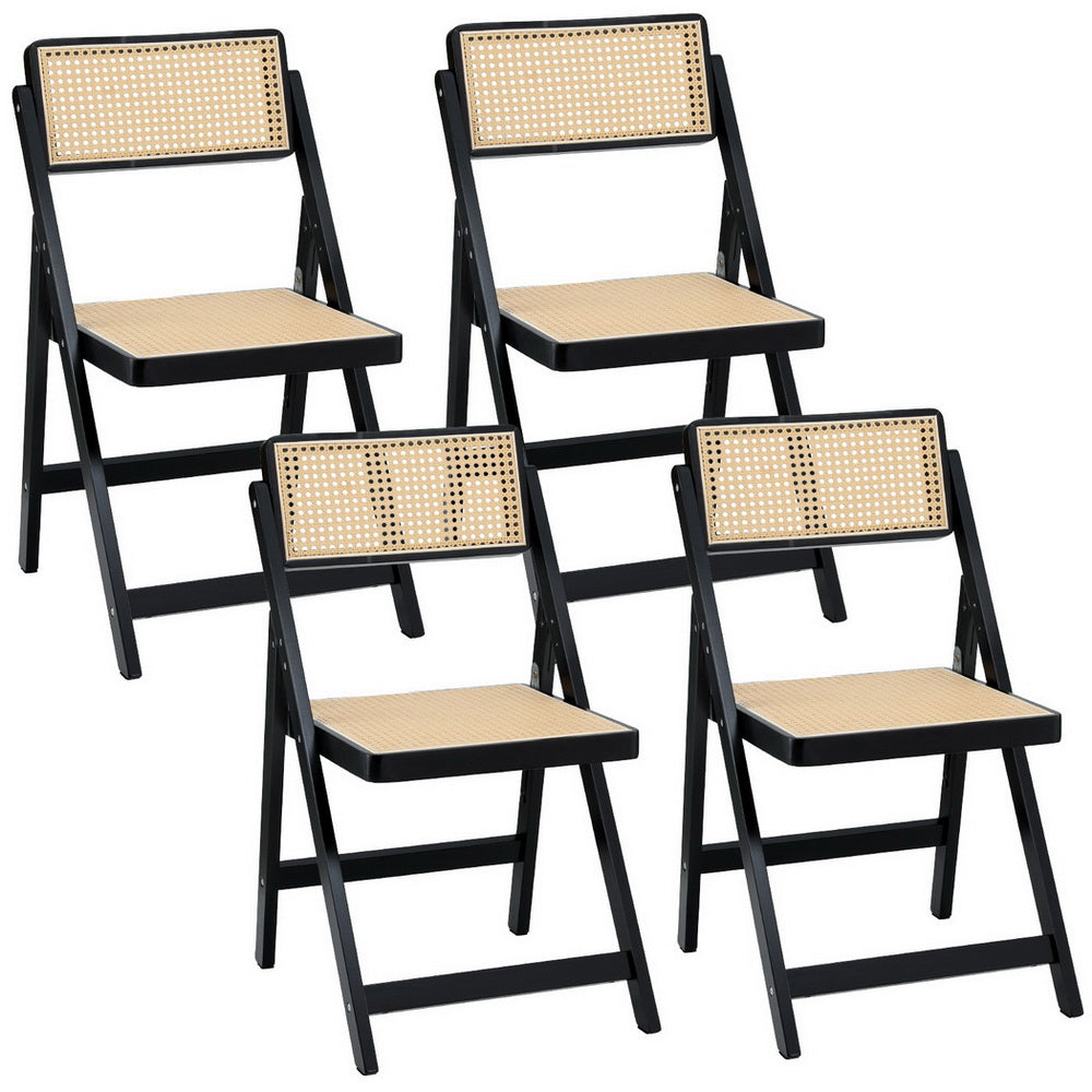 Dining Chairs 4pc | Wooden Rattan | Foldable Design | Black Finish