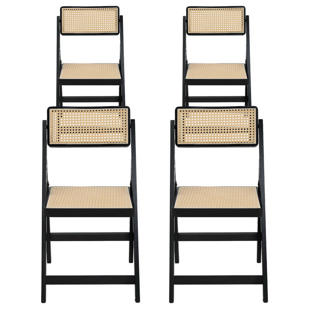 Dining Chairs 4pc | Wooden Rattan | Foldable Design | Black Finish
