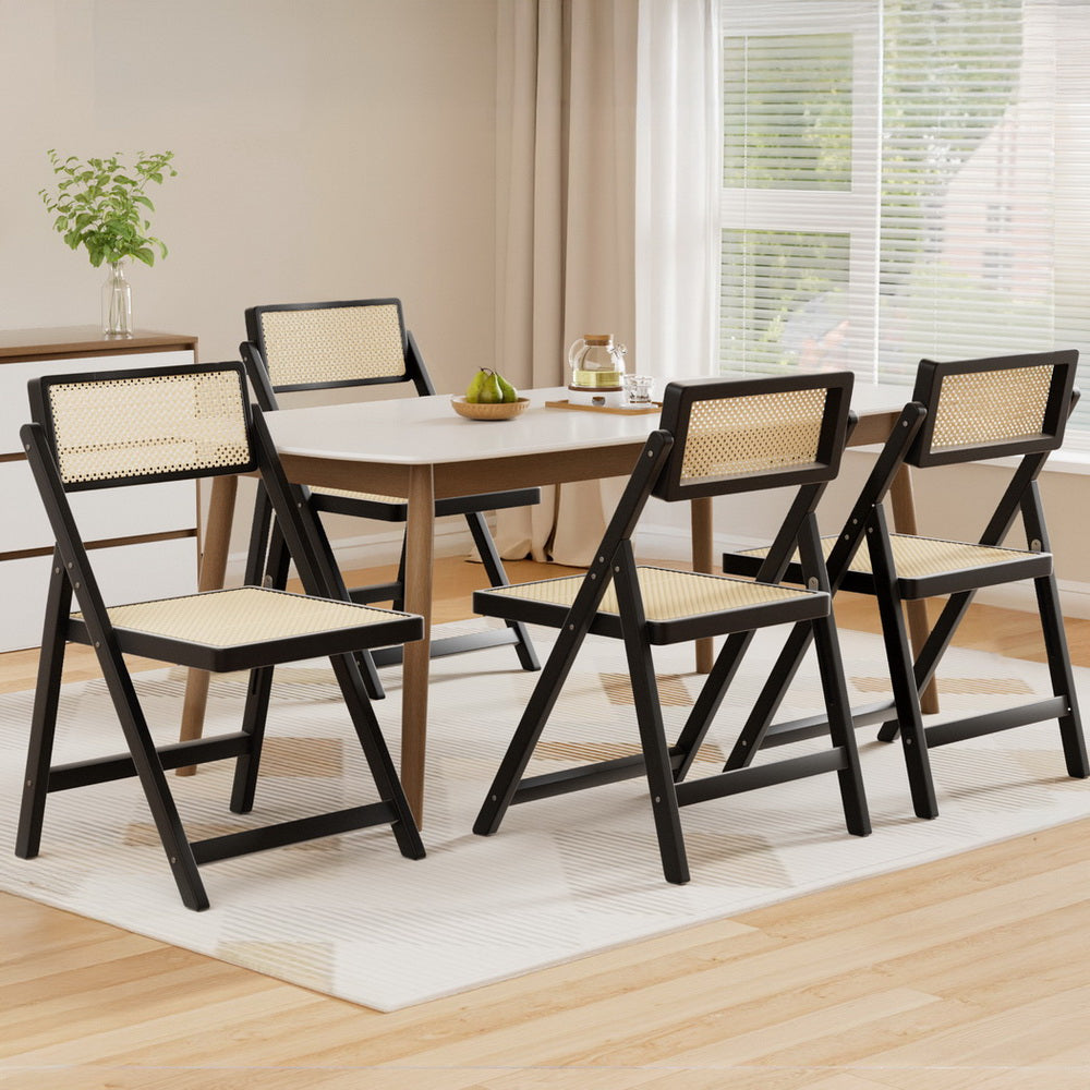 Dining Chairs 4pc | Wooden Rattan | Foldable Design | Black Finish