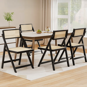 Dining Chairs 4pc | Wooden Rattan | Foldable Design | Black Finish