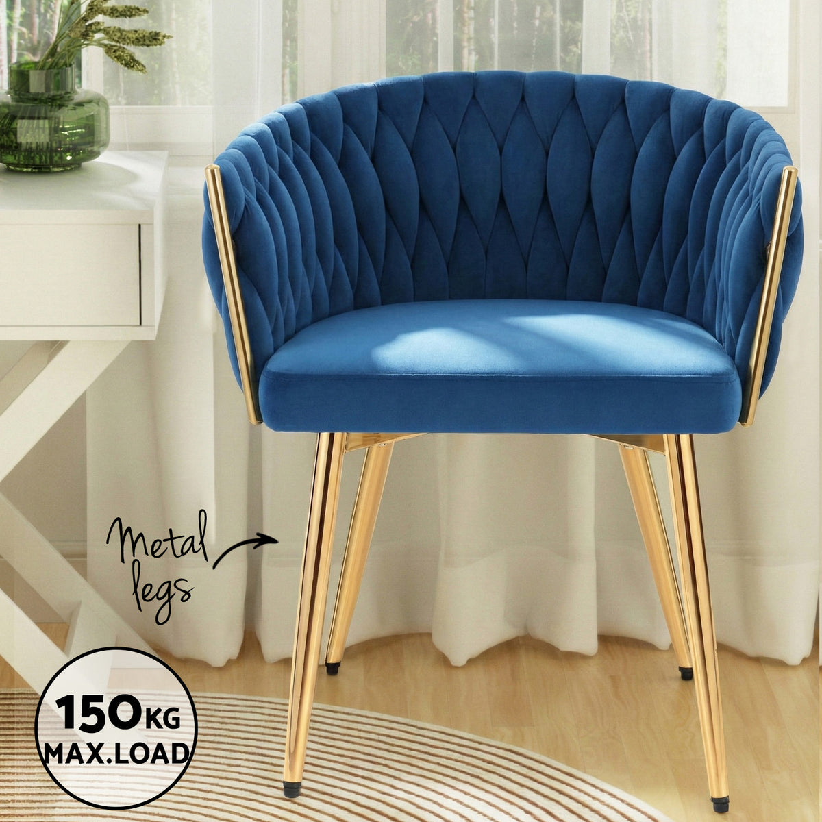 Dining Chairs Set of 4 | Velvet Woven Armchairs | Blue