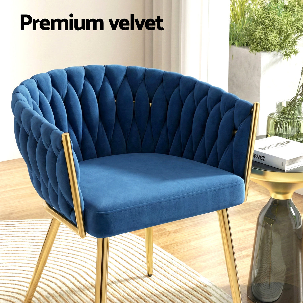 Dining Chairs Set of 4 | Velvet Woven Armchairs | Blue