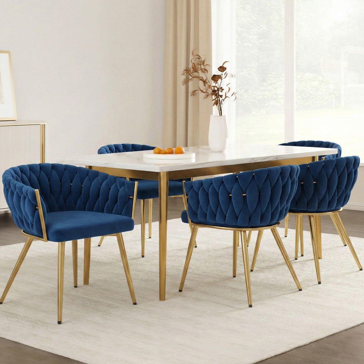 Dining Chairs Set of 4 | Velvet Woven Armchairs | Blue