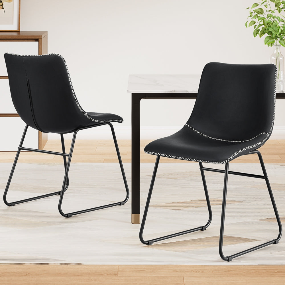 Dining Chairs Set 2pc | Retro Style | Leather | Black