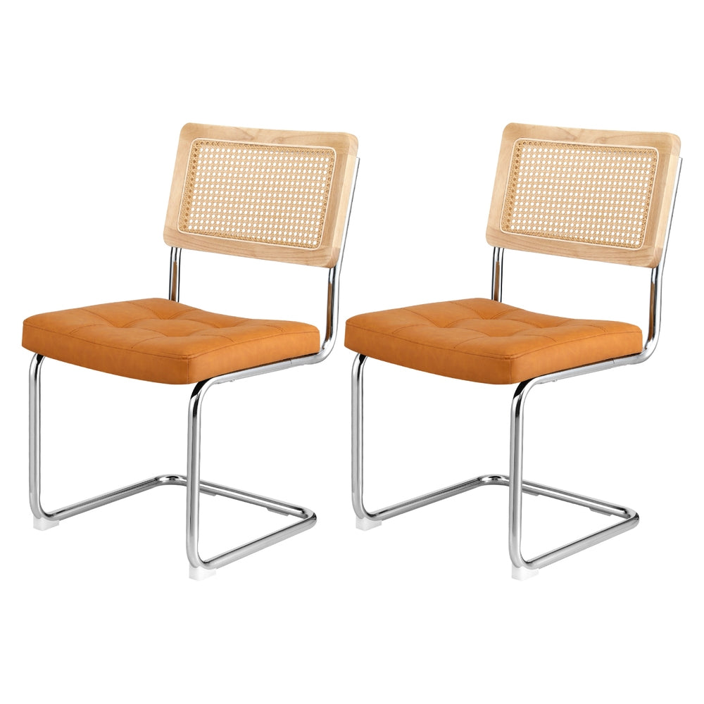Dining Chairs Set 2pc | Cantilever Design | PU Leather + Rattan | Brown