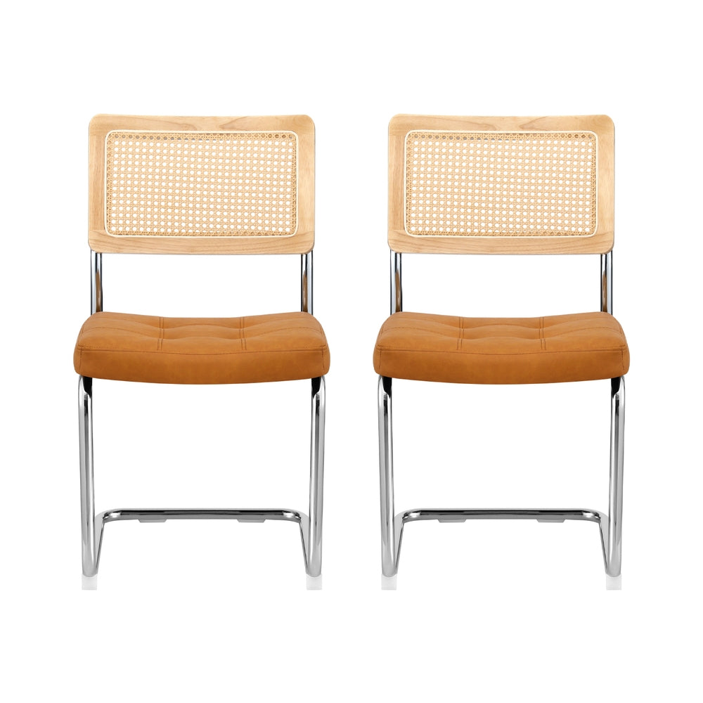 Dining Chairs Set 2pc | Cantilever Design | PU Leather + Rattan | Brown